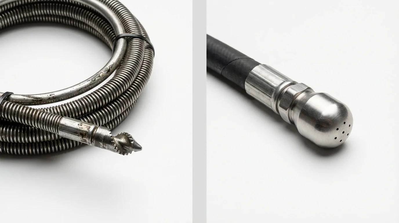 Drain snake cable and hydro jetting nozzle used for drain cleaning in La Pine, OR