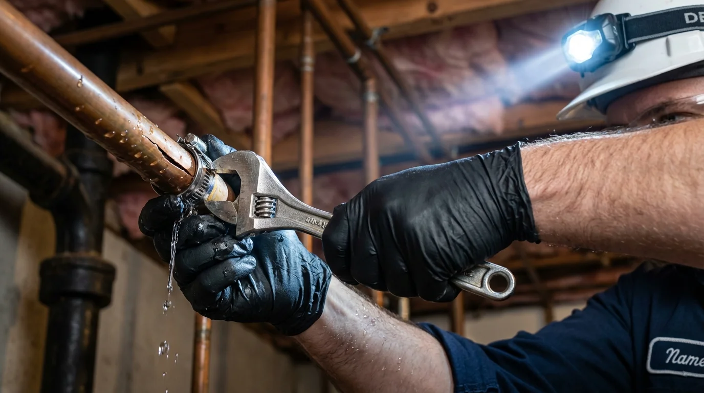 Emergency pipe clamp repair being performed by a Johns Plumbing LLC plumber in La Pine